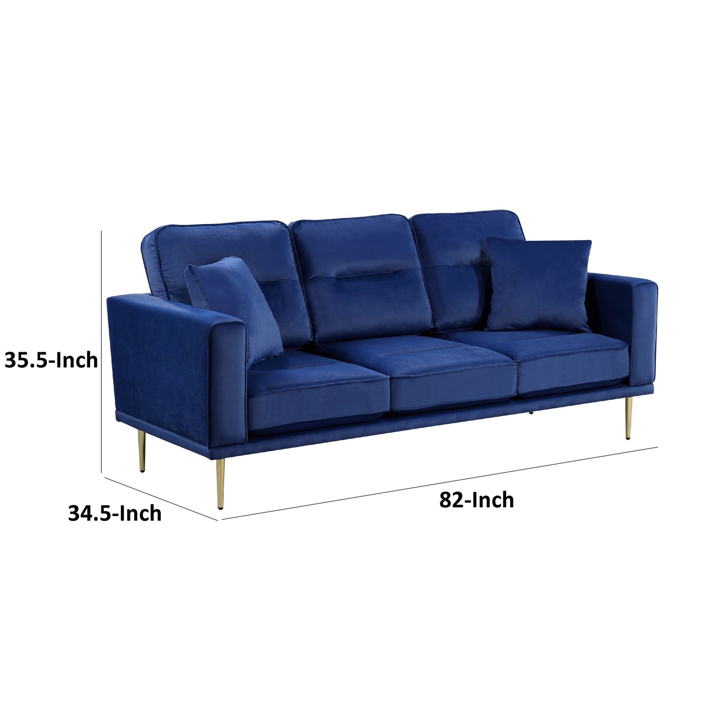 Divano Voxo con 2 cuscini decorativi, seduta imbottita in velluto blu, 82 pollici
