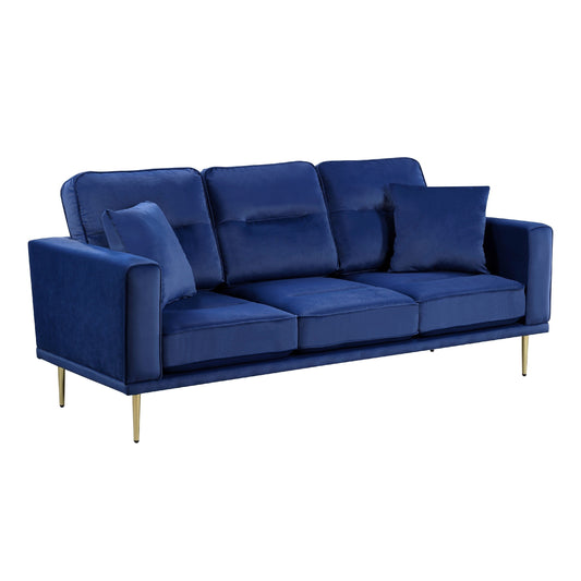 Divano Voxo con 2 cuscini decorativi, seduta imbottita in velluto blu, 82 pollici