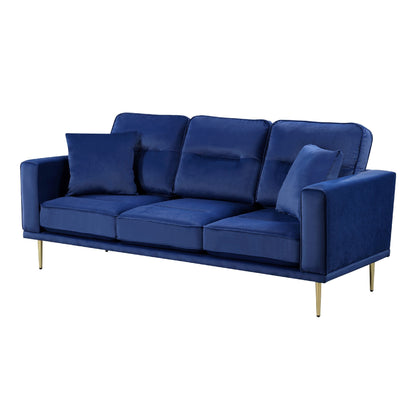 Divano Voxo con 2 cuscini decorativi, seduta imbottita in velluto blu, 82 pollici