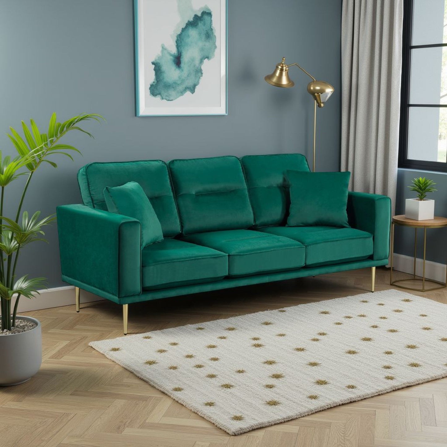 Divano Voxo, seduta imbottita in velluto verde, due cuscini decorativi, 82 pollici