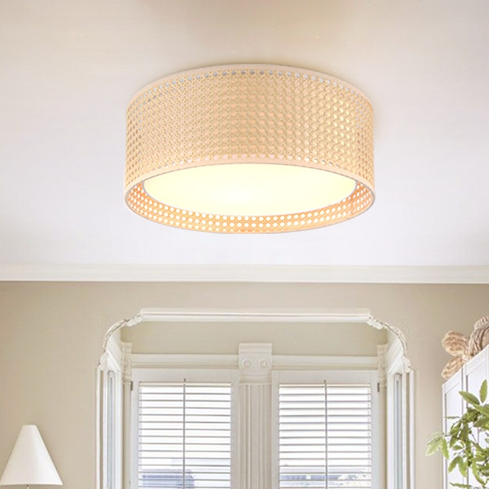 Lampada da soffitto moderna a 3 luci WINGBO con paralume a doppio tamburo in rattan e tessuto