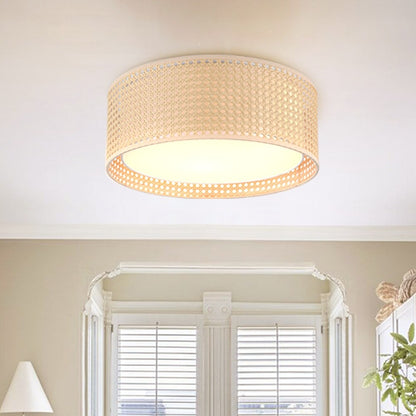Lampada da soffitto moderna a 3 luci WINGBO con paralume a doppio tamburo in rattan e tessuto