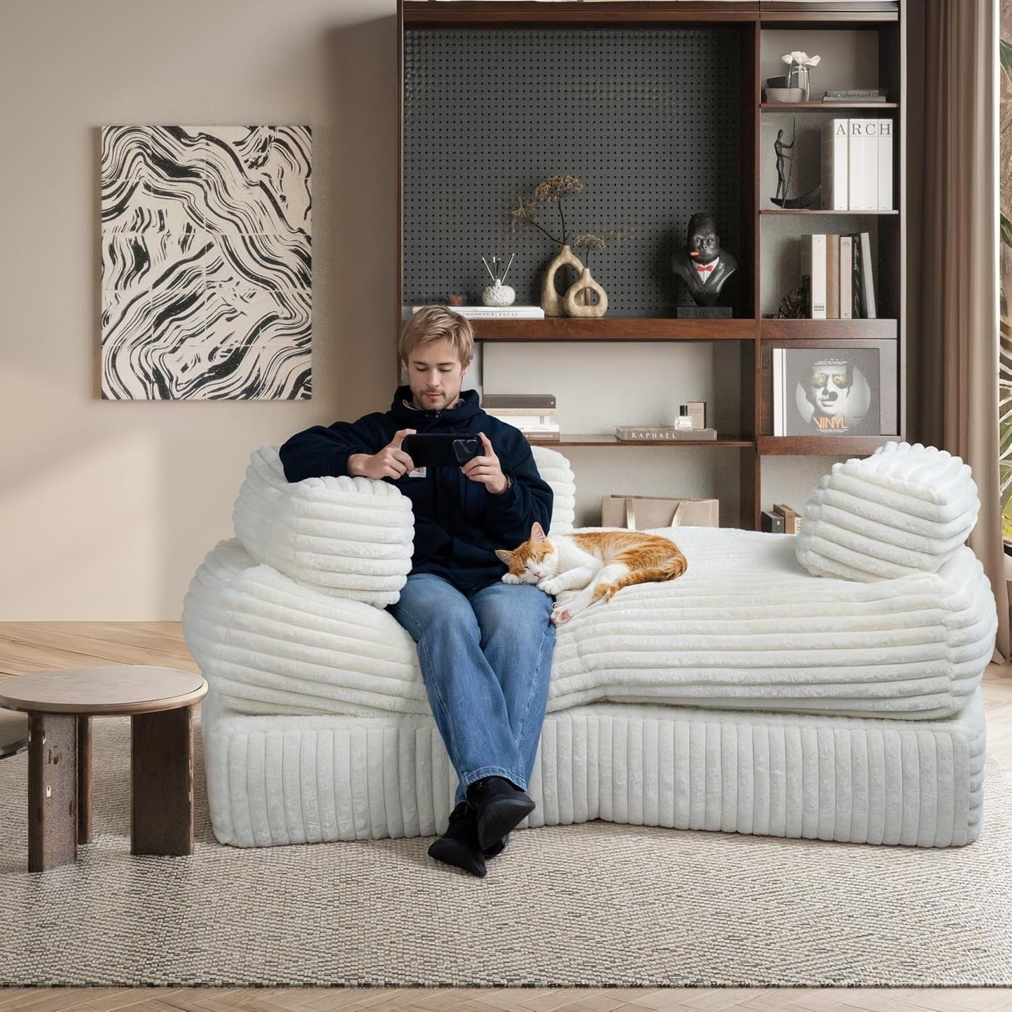WOWMAX 85'' Divano curvo Chaise Longue Divano soffice senza ossa per soggiorno, comodi divani in velluto a coste di peluche