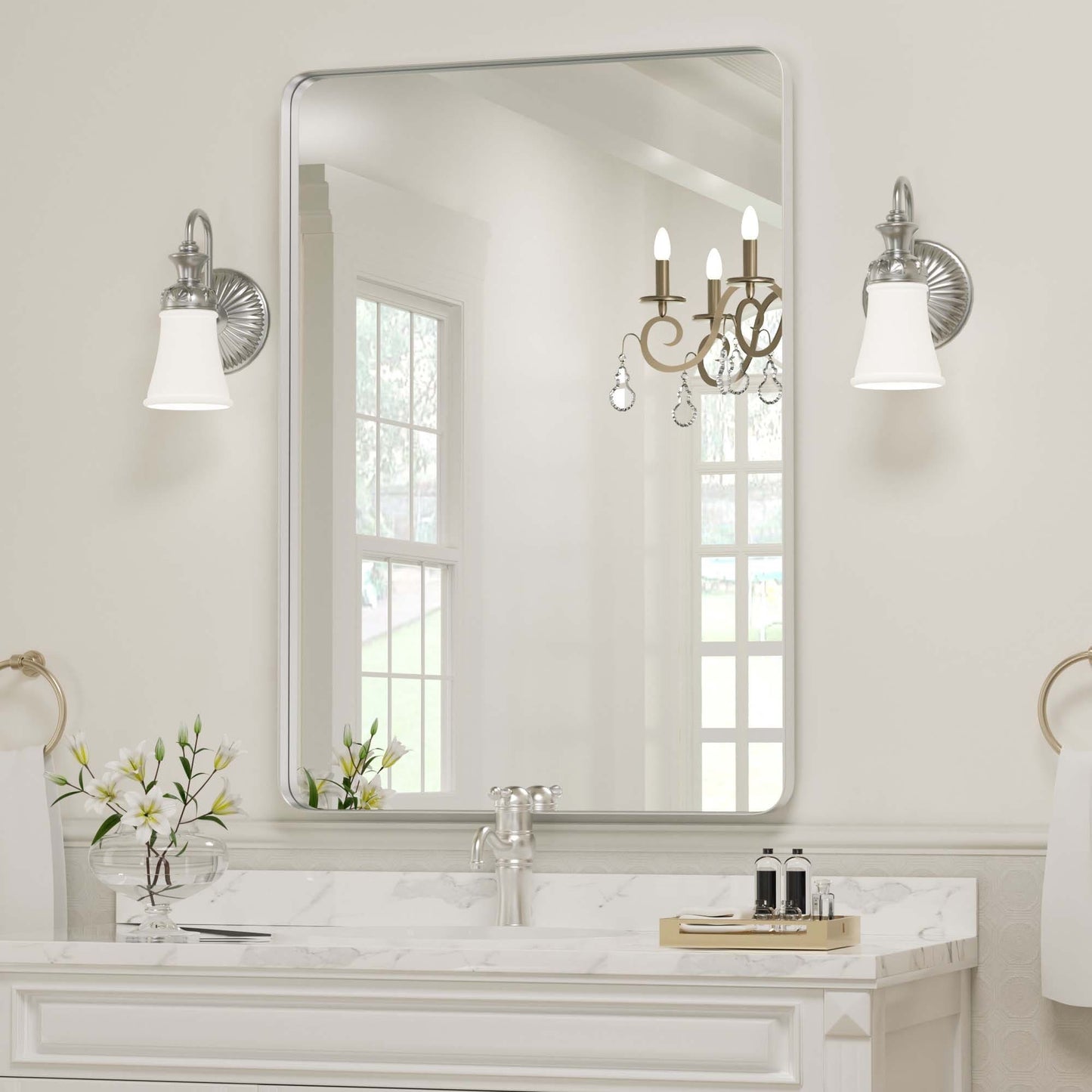 Specchio da parete, specchio da toeletta, specchio da bagno con angolo arrotondato (1 pezzo)