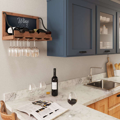 Portabottiglie da parete in legno Colmar Wallniture, portabicchieri, organizer per 4 bottiglie di vino, arredamento rustico per bar di casa