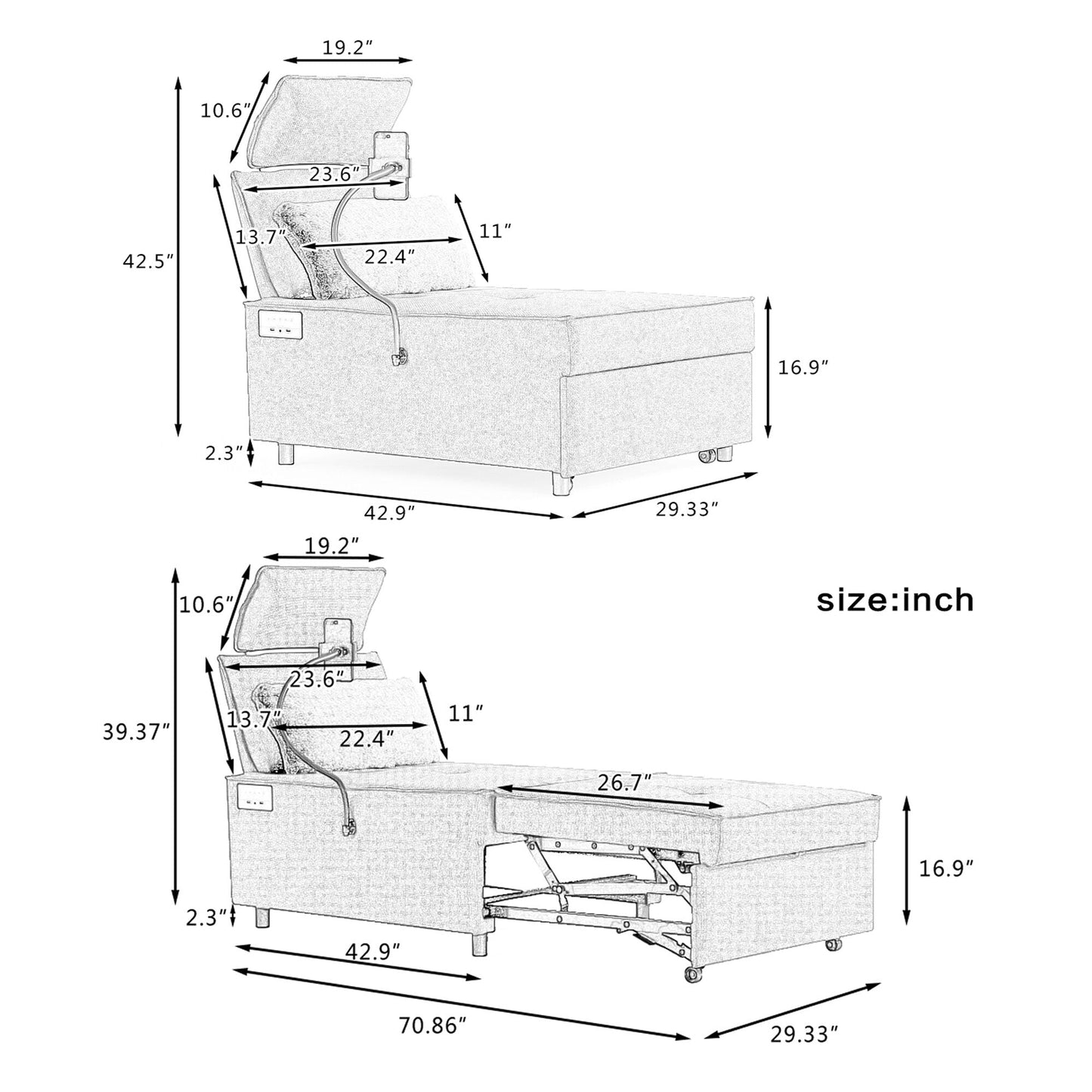 Divano letto in tessuto impermeabile con altoparlante Bluetooth