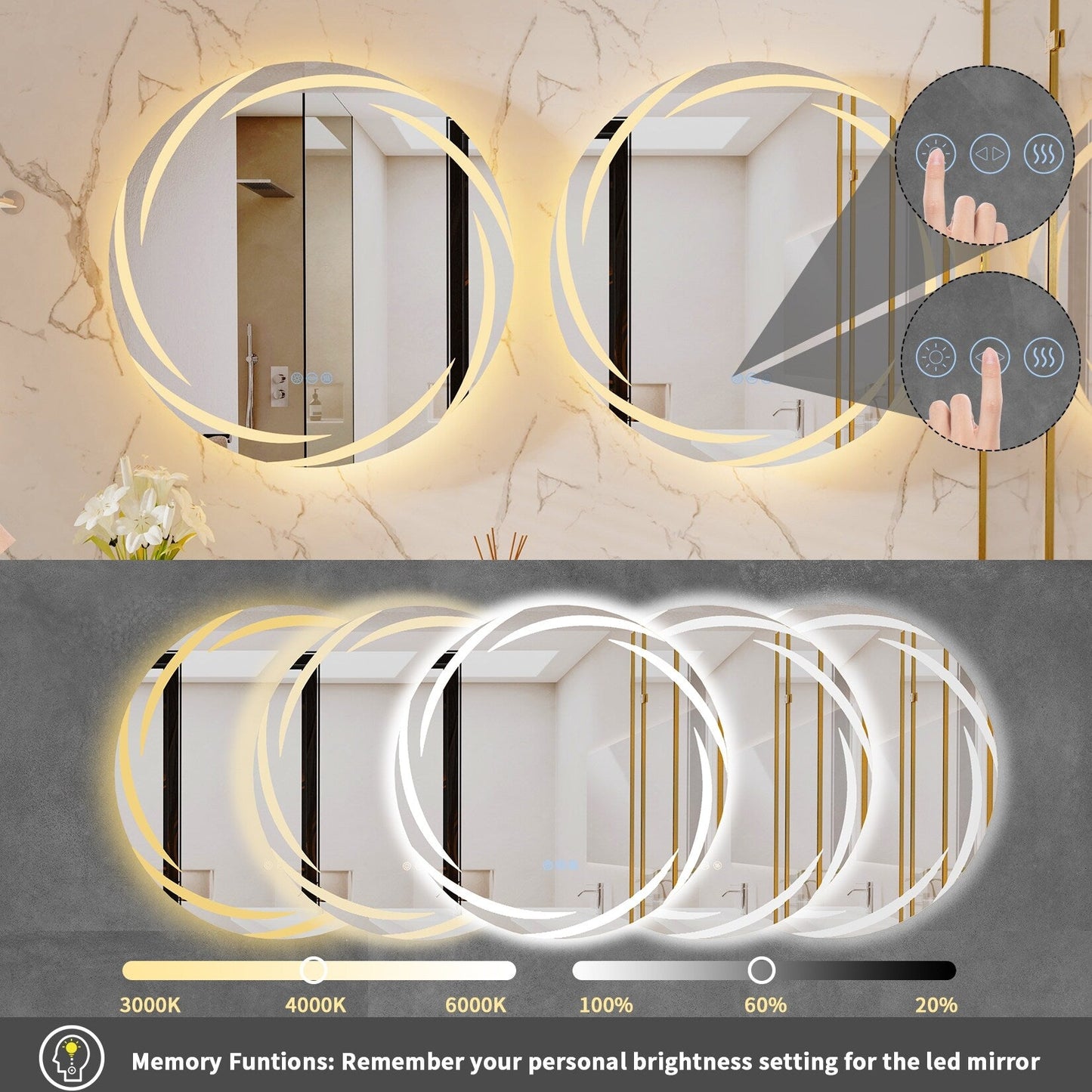 Specchio da bagno con luce LED touch impermeabile e antiappannamento, dimmerabile