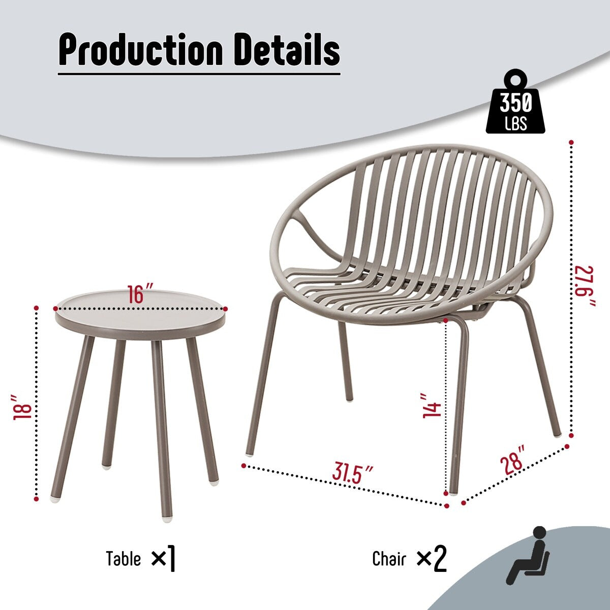 Set di mobili da giardino Werph da 3 pezzi, mobili da esterno con tavolo da bistrot e sedie da giardino, set da 2