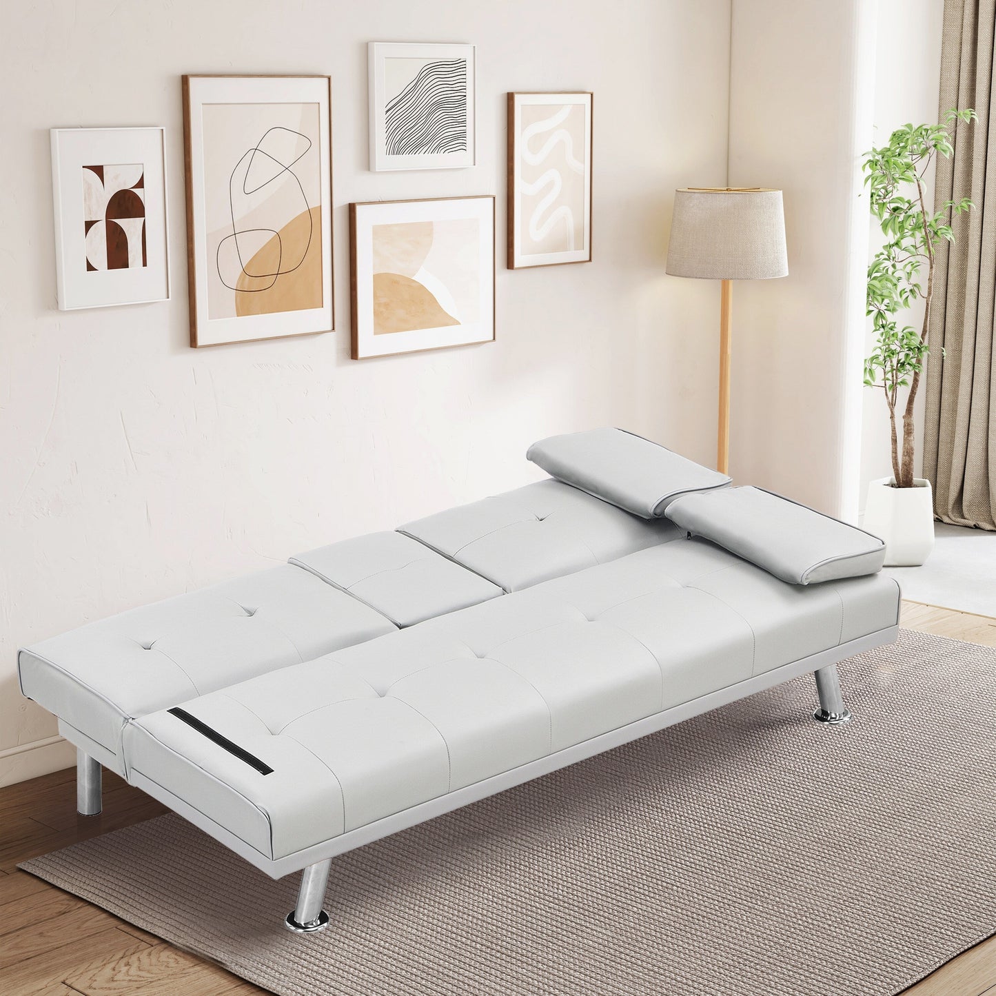 Divano letto a due posti in similpelle bianco 67 con 2 portabicchieri e gambe in acciaio inox per soggiorno