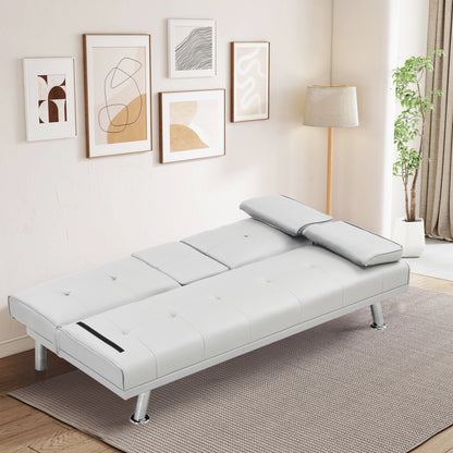 Divano letto a due posti in similpelle bianco 67 con 2 portabicchieri e gambe in acciaio inox per soggiorno