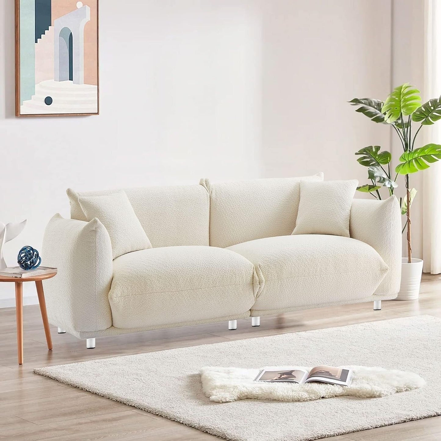 Divano a due posti oversize bianco 87 con struttura in metallo, 2 cuscini e rivestimento resistente