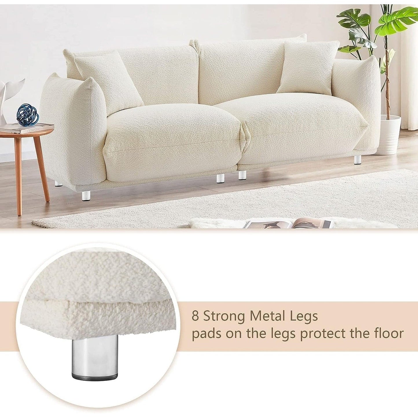 Divano a due posti oversize bianco da 87'' con gambe in metallo, struttura in legno massello, 2 cuscini, morbido e resistente