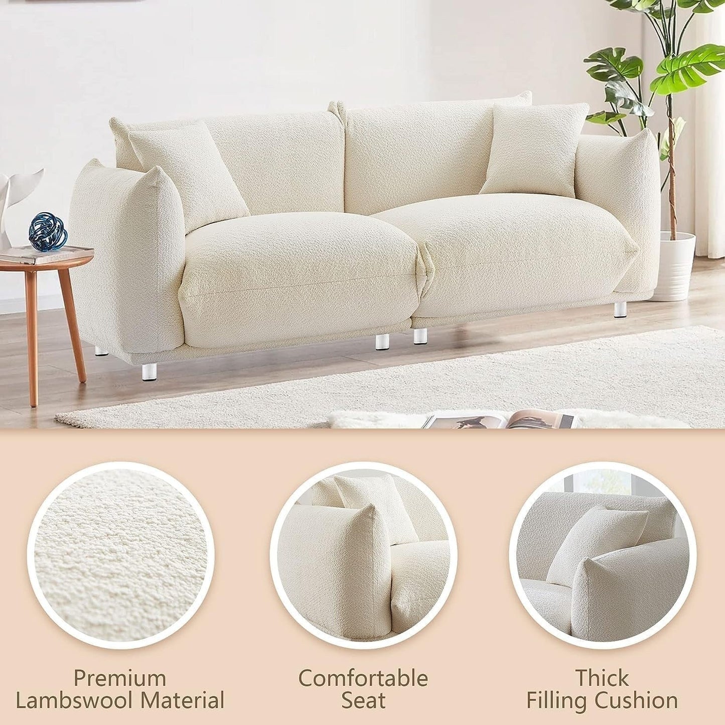 Divano a due posti oversize bianco da 87'' con gambe in metallo, struttura in legno massello e 2 cuscini