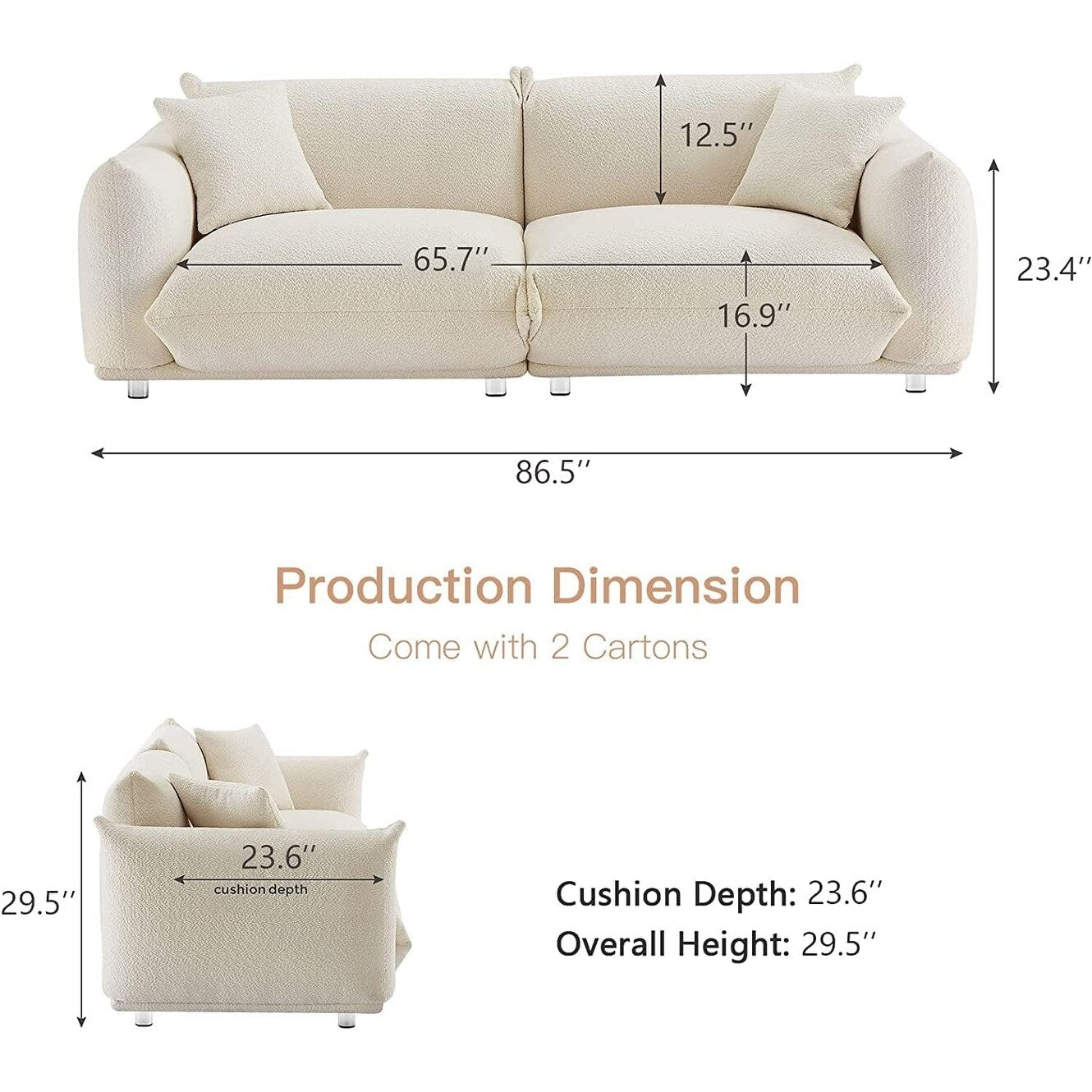 Divano a due posti oversize bianco da 87'' con gambe in metallo, struttura in legno massello e 2 cuscini