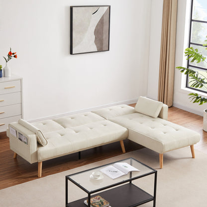 Divano componibile convertibile in lino bianco 94,5 con chaise longue rivolta a destra, borsa organizer e cuscini in schiuma