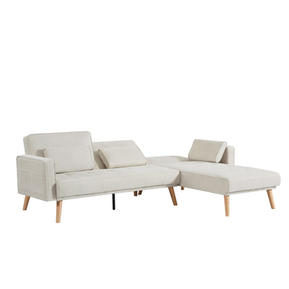 Divano componibile convertibile in lino bianco 94,5 con chaise longue rivolta a destra, borsa organizer e cuscini in schiuma