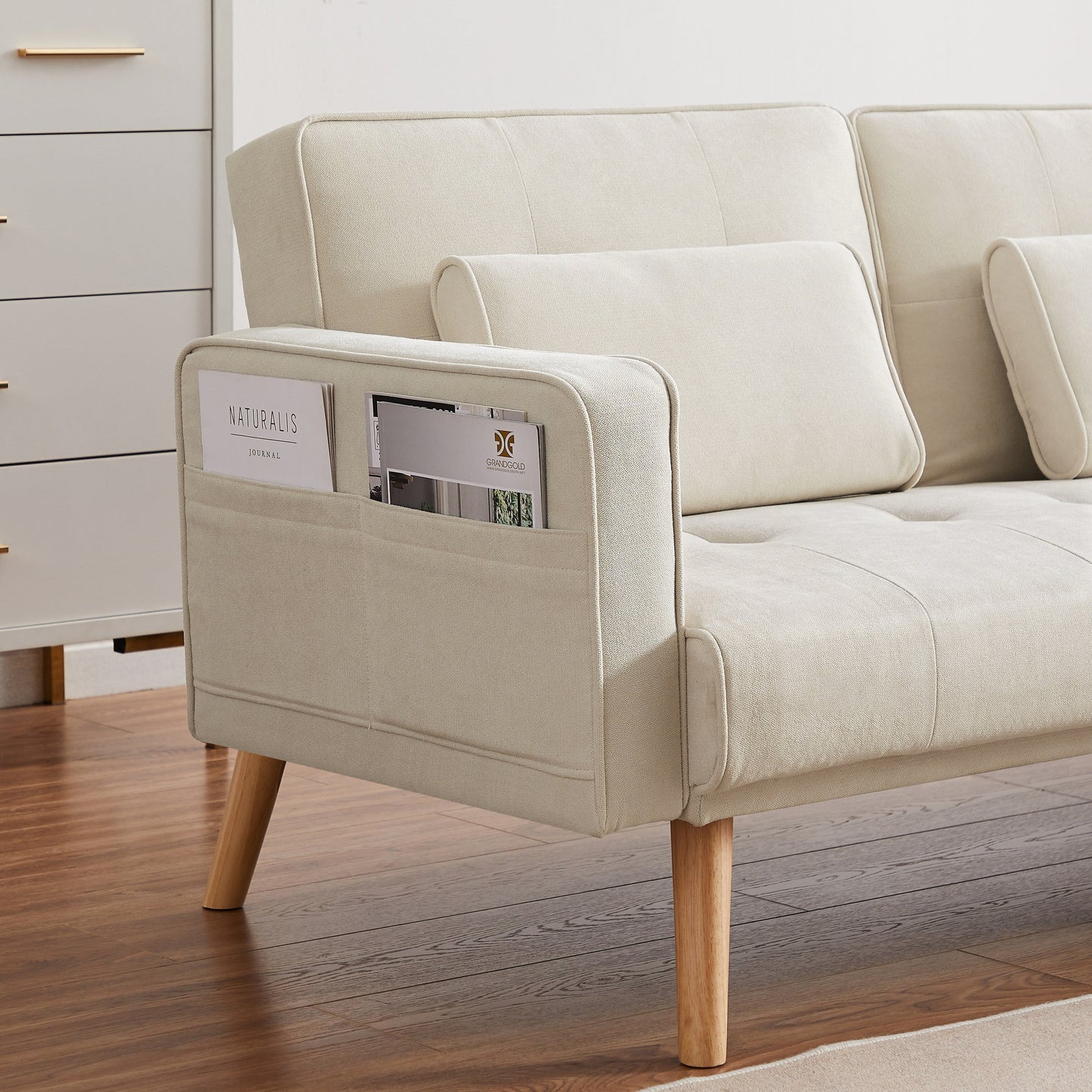 Divano componibile convertibile in lino bianco 94,5 con chaise longue rivolta a destra, borsa organizer e cuscini in schiuma