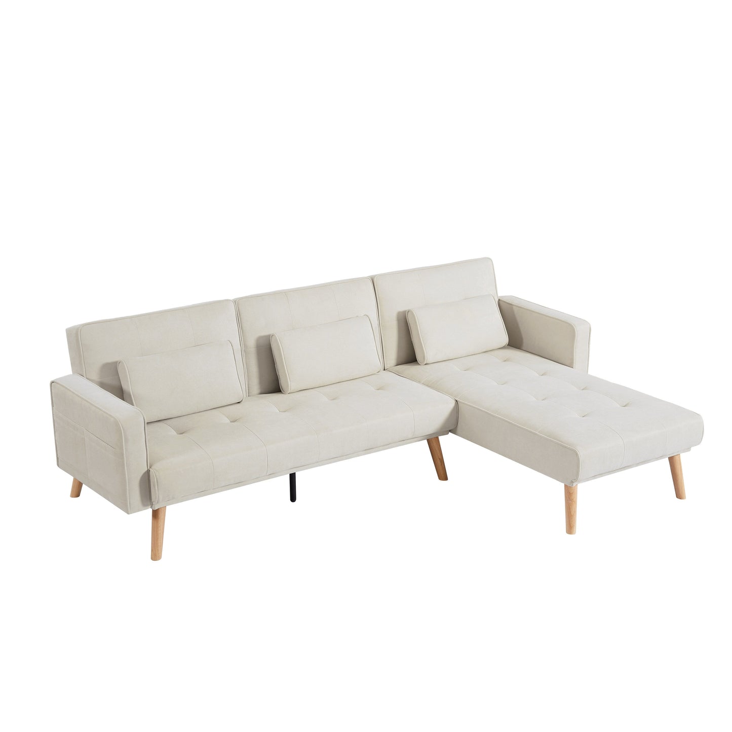 Divano componibile convertibile in lino bianco 94,5 con chaise longue rivolta a destra, borsa organizer e cuscini in schiuma