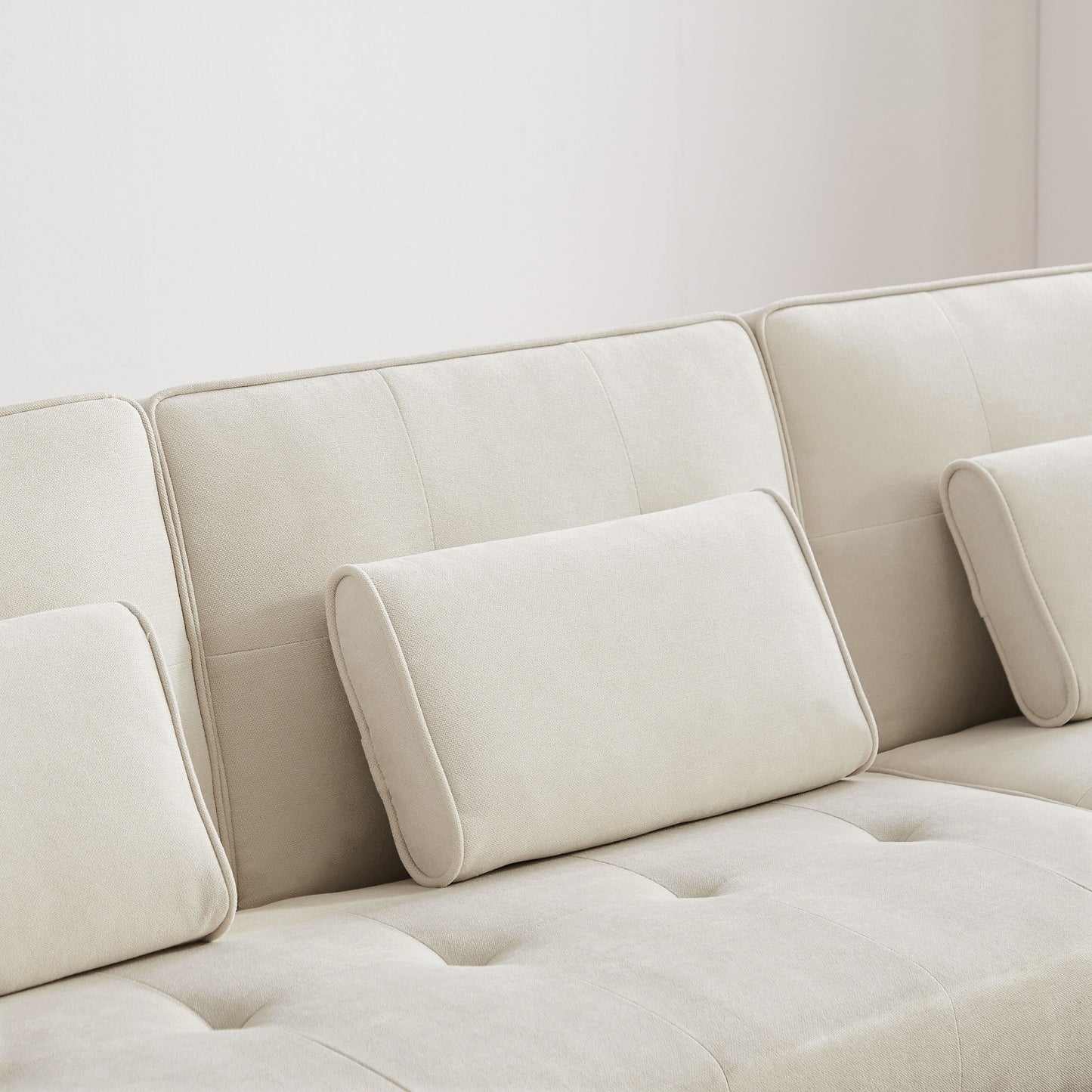 Divano componibile convertibile in lino bianco 94,5 con chaise longue rivolta a destra, borsa organizer e cuscini in schiuma