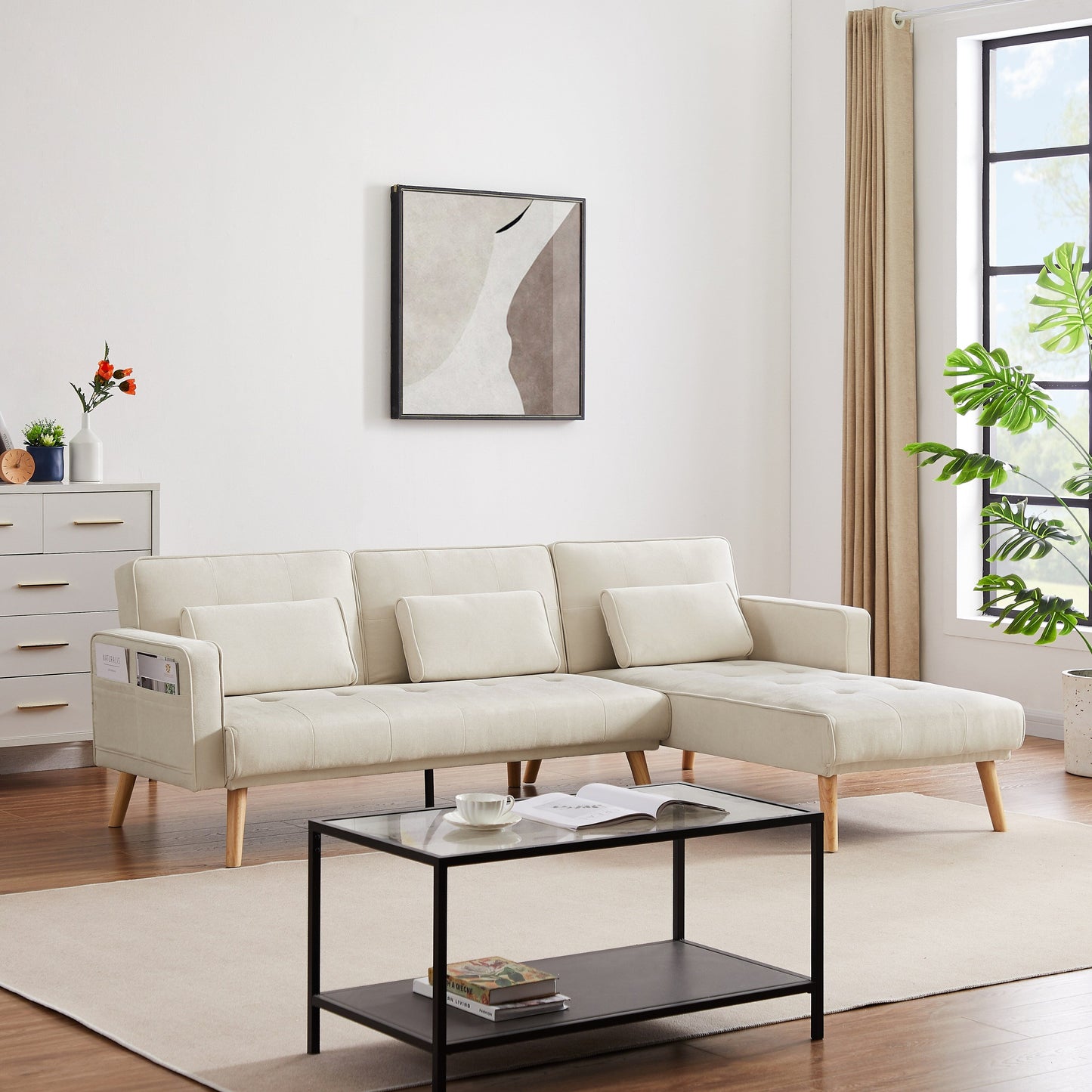Divano componibile convertibile in lino bianco 94,5 con chaise longue rivolta a destra, borsa organizer e cuscini in schiuma