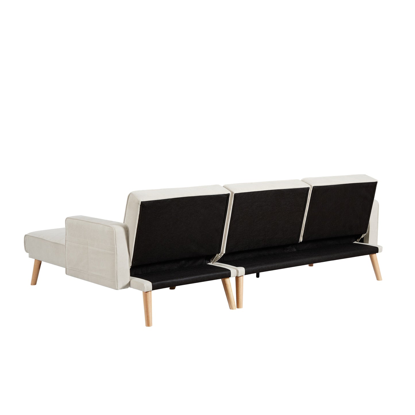 Divano trasformabile a L in lino bianco 94,5 con chaise longue destra, cuscini in schiuma e organizer portaoggetti