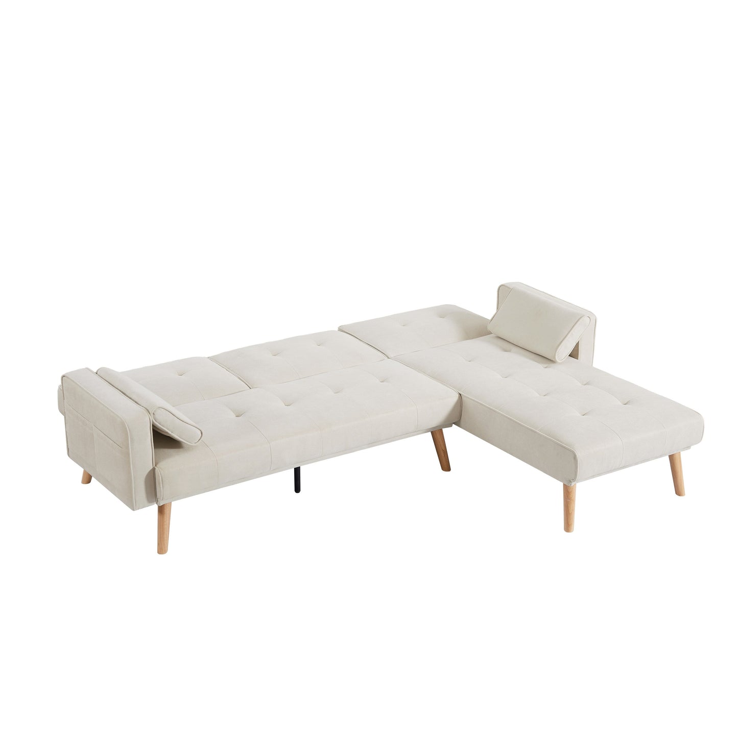Divano trasformabile a L in lino bianco 94,5 con chaise longue destra, cuscini in schiuma e organizer portaoggetti