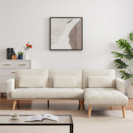 Divano trasformabile a L in lino bianco 94,5 con chaise longue destra, cuscini in schiuma e organizer portaoggetti