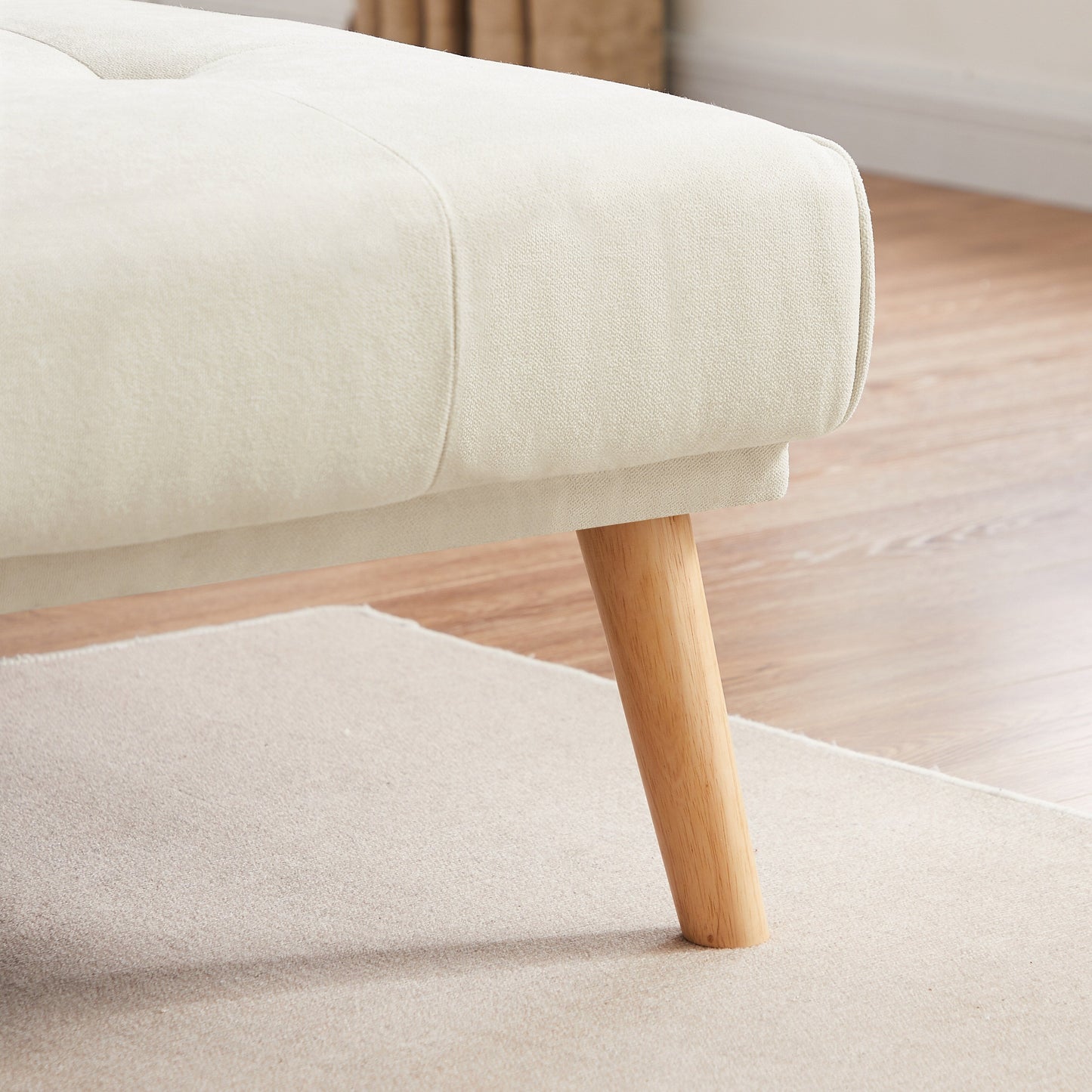 Divano trasformabile a L in lino bianco 94,5 con chaise longue destra, cuscini in schiuma e organizer portaoggetti