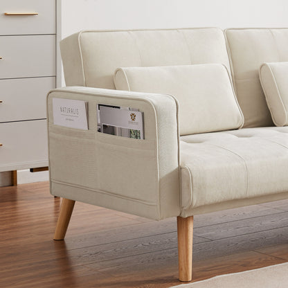 Divano trasformabile a L in lino bianco 94,5 con chaise longue destra, cuscini in schiuma e organizer portaoggetti