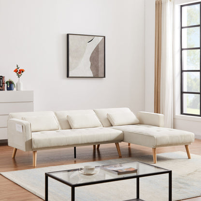 Divano trasformabile a L in lino bianco 94,5 con chaise longue destra, cuscini in schiuma e organizer portaoggetti
