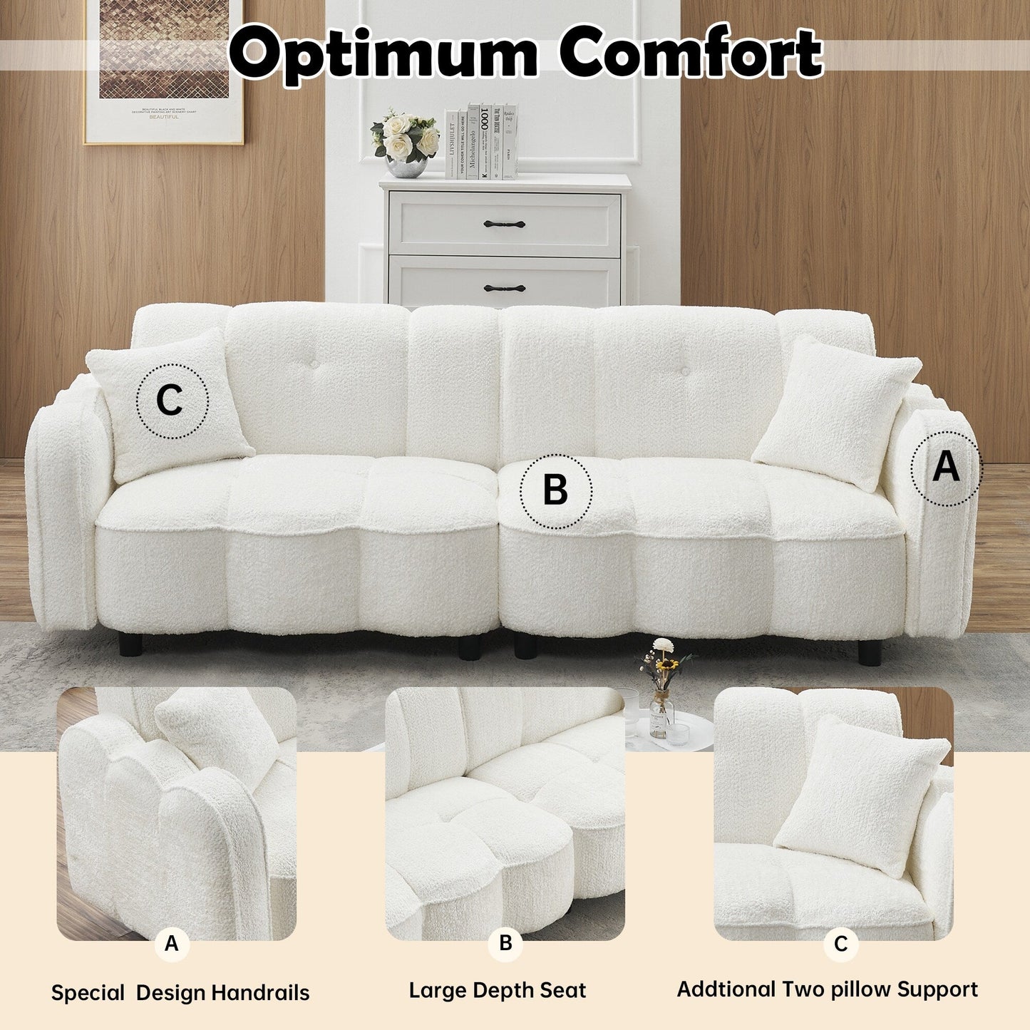 Divano bianco 96.06 Teddy Plush a 3 posti con design speciale a nuvola, seduta in schiuma spessa e cuscini per soggiorno