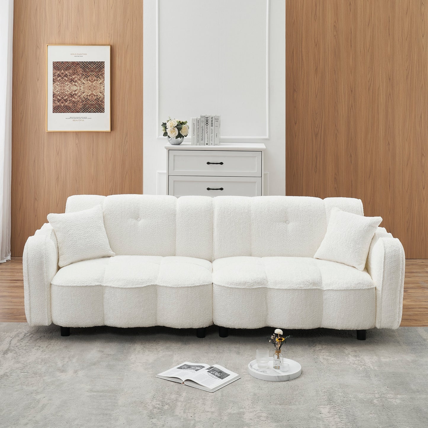 Divano bianco 96.06 Teddy Plush a 3 posti con design speciale a nuvola, seduta in schiuma spessa e cuscini per soggiorno