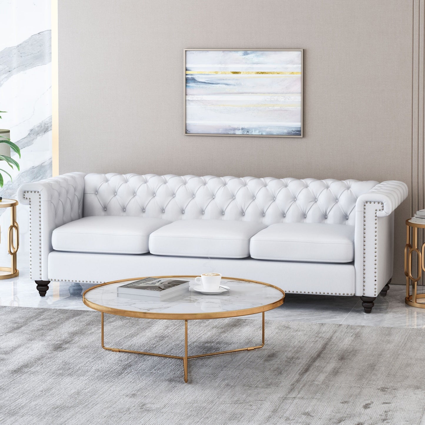 Divano Chesterfield bianco a 3 posti con capitonné e borchie