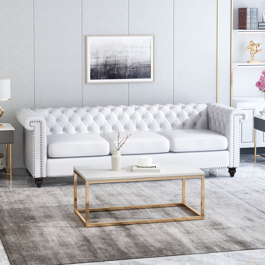 Divano Chesterfield bianco a 3 posti con capitonné e borchie