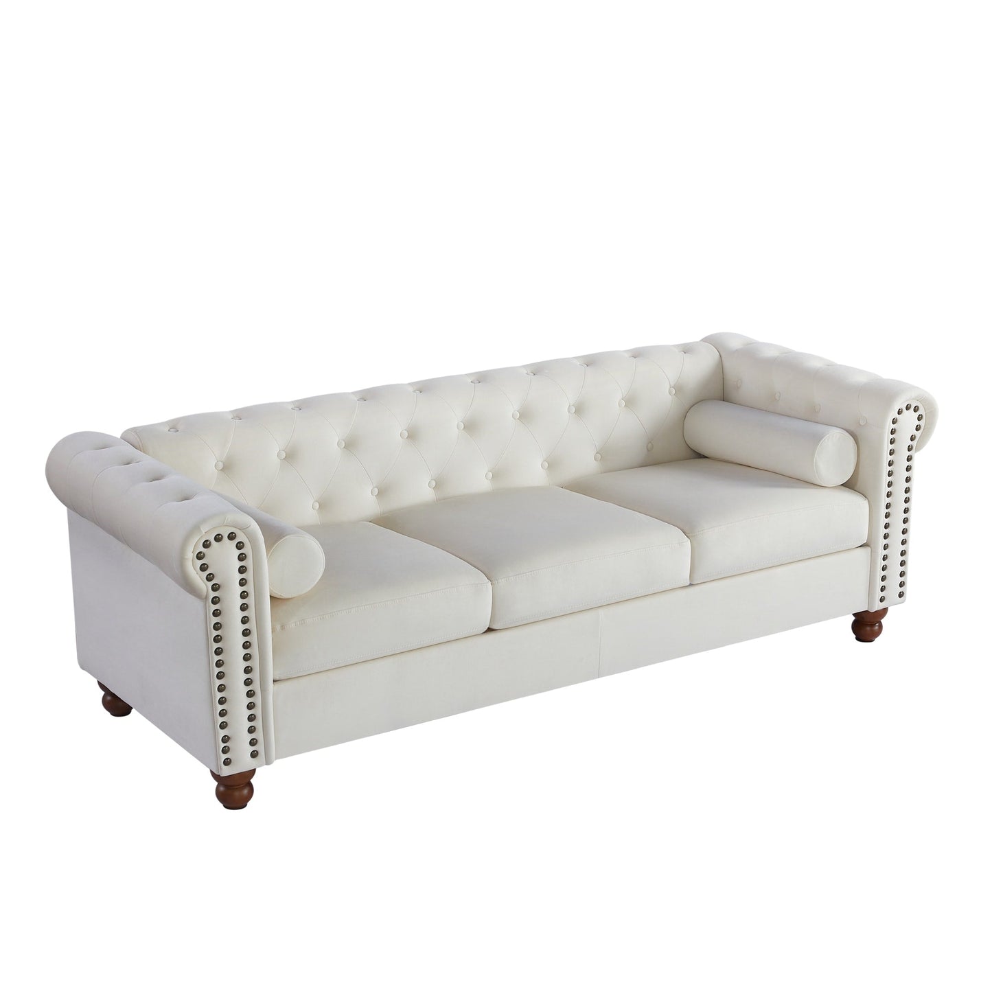 Divano Chesterfield bianco a 3 posti con borchie e cuscini, imbottito e trapuntato, 74,5 bottoni, per soggiorno