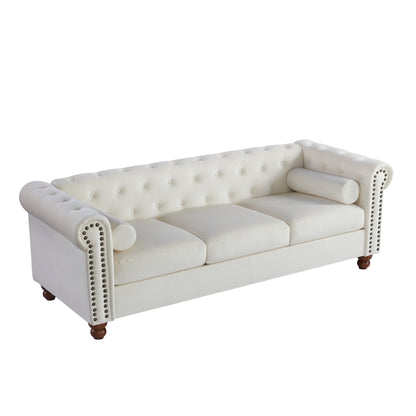Divano Chesterfield bianco a 3 posti con borchie e cuscini, imbottito e trapuntato, 74,5 bottoni, per soggiorno