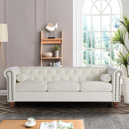 Divano Chesterfield bianco a 3 posti con borchie e cuscini, imbottito e trapuntato, 74,5 bottoni, per soggiorno