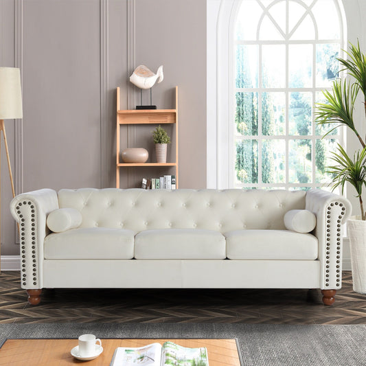 Divano Chesterfield bianco a 3 posti con borchie e cuscini, imbottito e trapuntato, 74,5 bottoni, per soggiorno