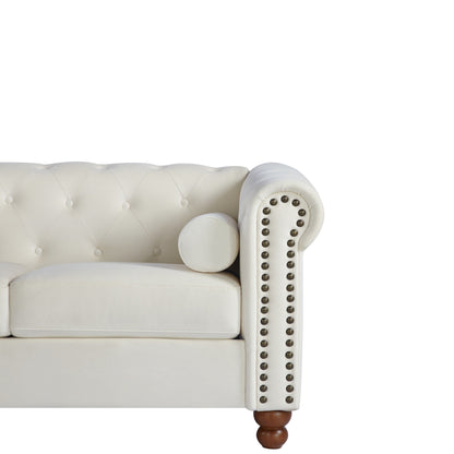 Divano Chesterfield bianco a 3 posti con borchie e cuscini, imbottito e trapuntato, 74,5 bottoni, per soggiorno