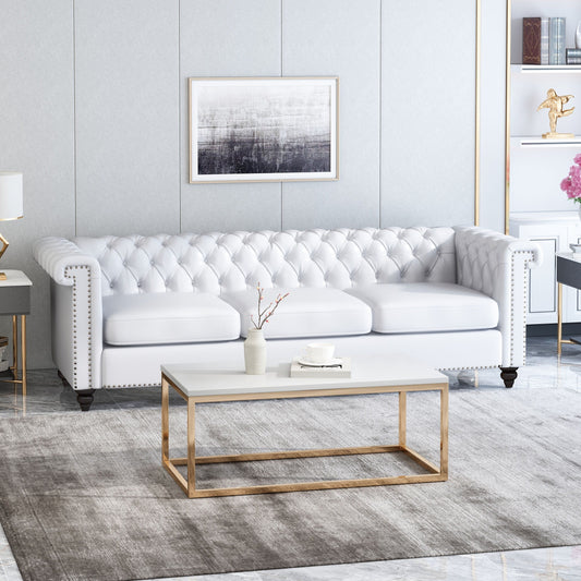 Divano Chesterfield bianco a 3 posti con 83 bottoni, imbottito, trapuntato, borchie e gambe in legno per soggiorno