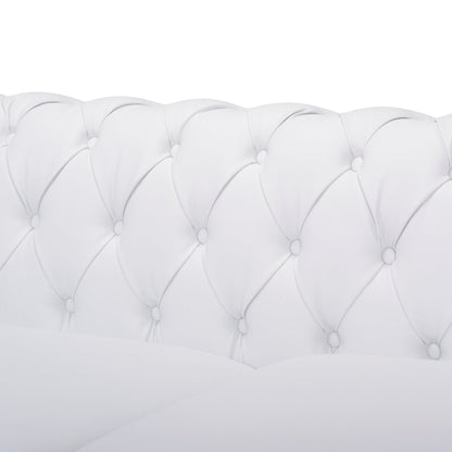 Divano Chesterfield bianco a 3 posti con 83 bottoni, imbottito, trapuntato, borchie e gambe in legno per soggiorno