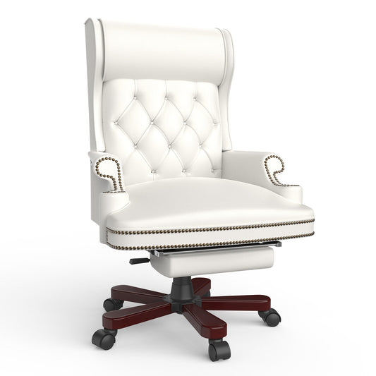 Poltrona girevole ergonomica da ufficio in similpelle bianca con poggiapiedi, schienale con bottoni trapuntati e decorazione con borchie