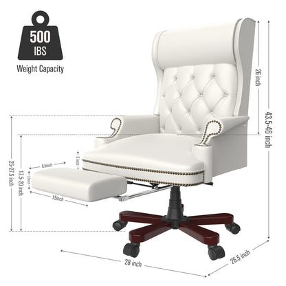Poltrona girevole ergonomica da ufficio in similpelle bianca con poggiapiedi, schienale con bottoni trapuntati e decorazione con borchie