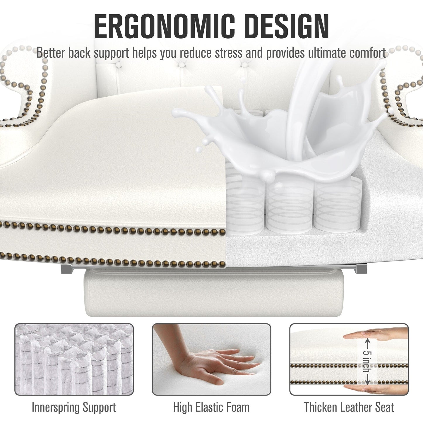 Poltrona girevole ergonomica da ufficio in similpelle bianca con poggiapiedi, schienale con bottoni trapuntati e decorazione con borchie