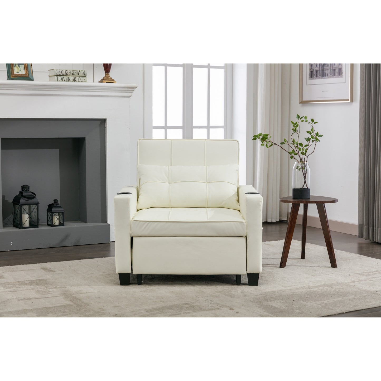 Divano letto convertibile in similpelle bianca con porte USB
