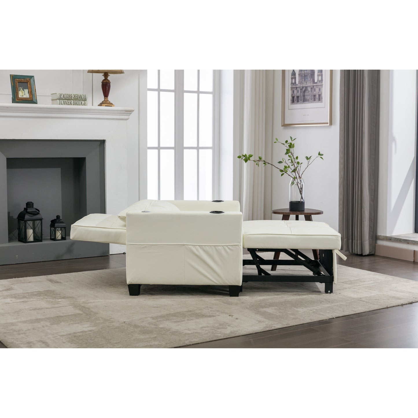 Divano letto convertibile in similpelle bianca con porte USB