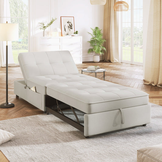 Divano letto in lino bianco con tasca portaoggetti e porta USB
