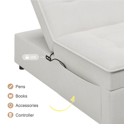 Divano letto in lino bianco con tasca portaoggetti e porta USB