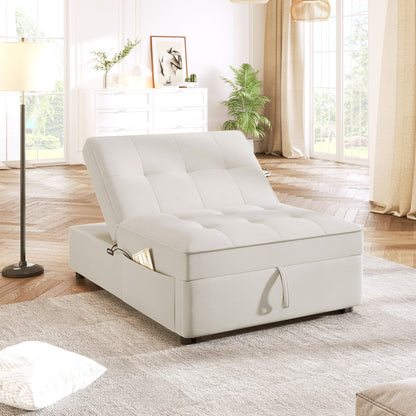 Divano letto in lino bianco con tasca portaoggetti e porta USB