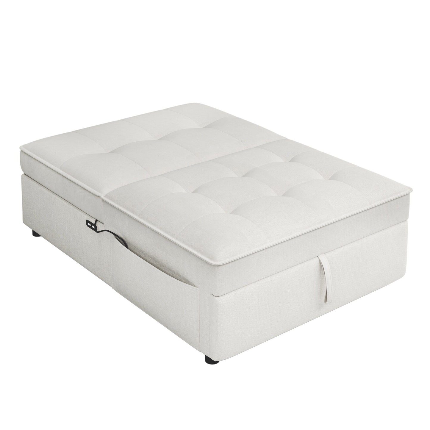 Divano letto in lino bianco con tasca portaoggetti e porta USB
